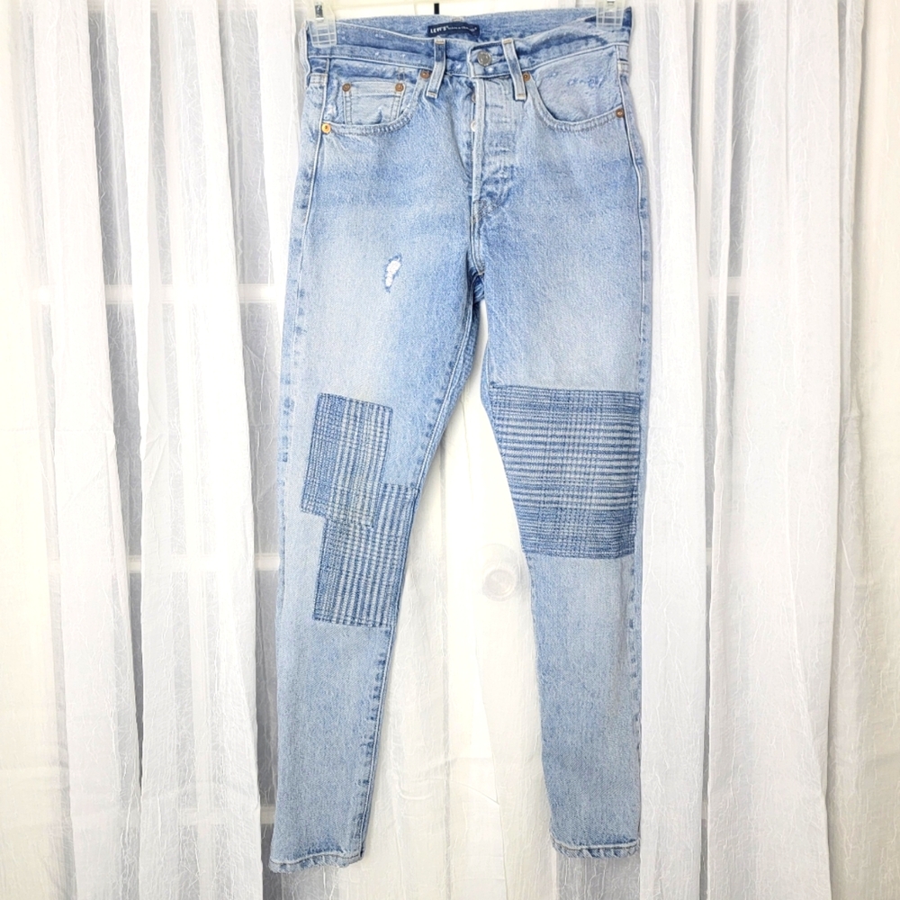 Levis Selvedge Made Crafted 501 Skinny Jeans Destroyed Patches Womens Sz 24/28